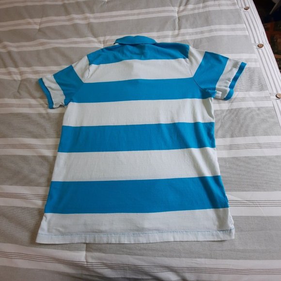 Roebuck & Co Mens Polo Shirt Size XL Blue White Stripe Short Sleeve Button Golf - Picture 2 of 5